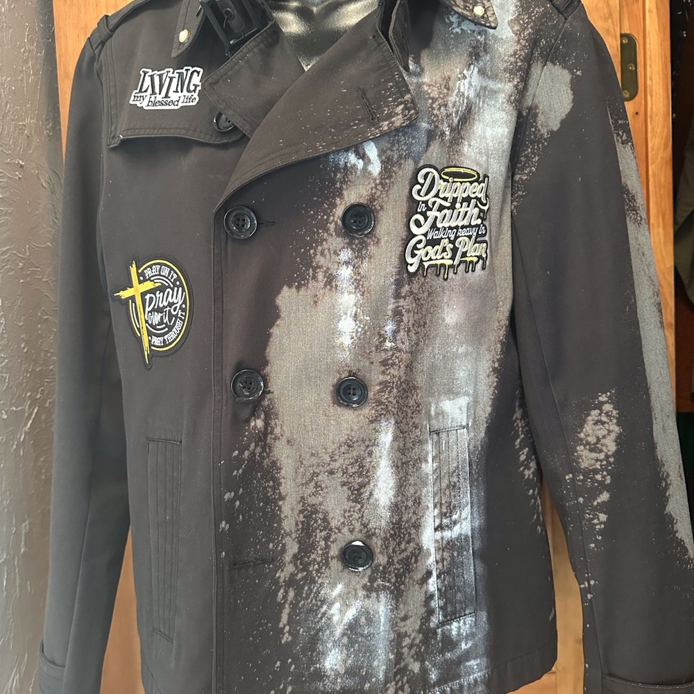 Black Double-Breasted Jacket with Graphic Patches